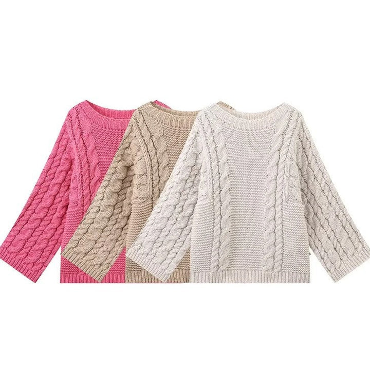Damen Strickpullover mit voluminösen Ärmeln und strukturiertem Zopfmuster Drune