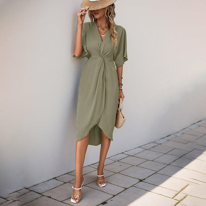 Damen Wickel-Midikleid mit Knotendetail, V-Ausschnitt und überschnittenen Ärmeln Drune