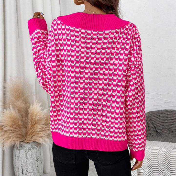 Damen Strickpullover mit V-Ausschnitt und modernem Karomuster Drune