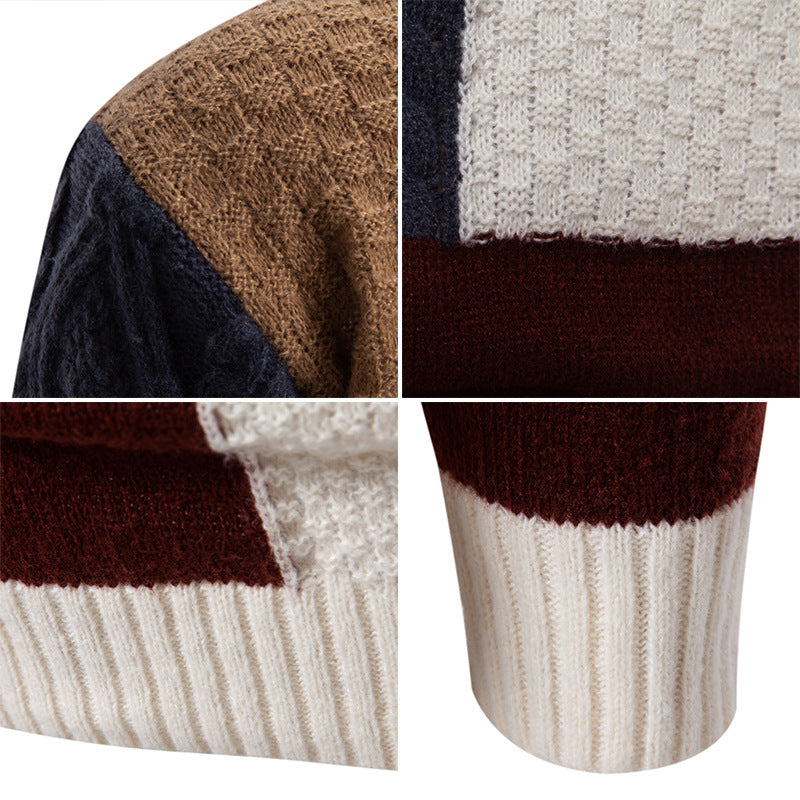 Herren nan strukturierter Patchwork-Strickpullover mit hohem Stehkragen und kombinierten Strickmustern Drune