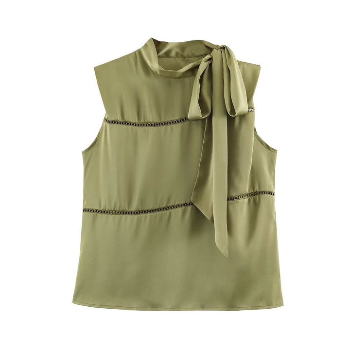 Damen Ärmellose Seidenoptik-Bluse mit Schleifenkragen und Spitzeneinsätzen Drune