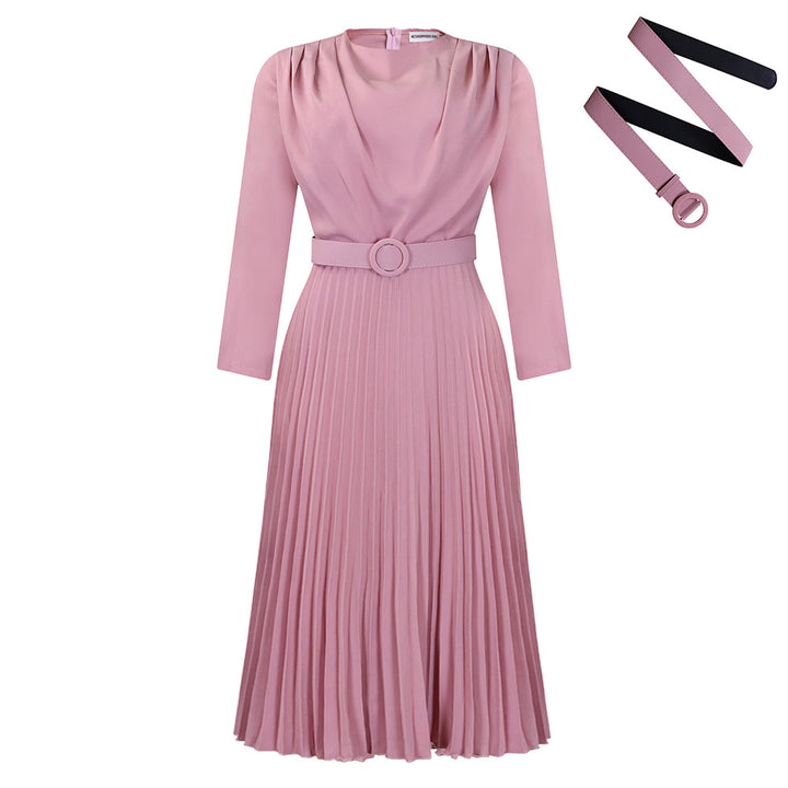 Damen Plisseekleid mit angesetztem Gürtel und eleganten Falten Drune