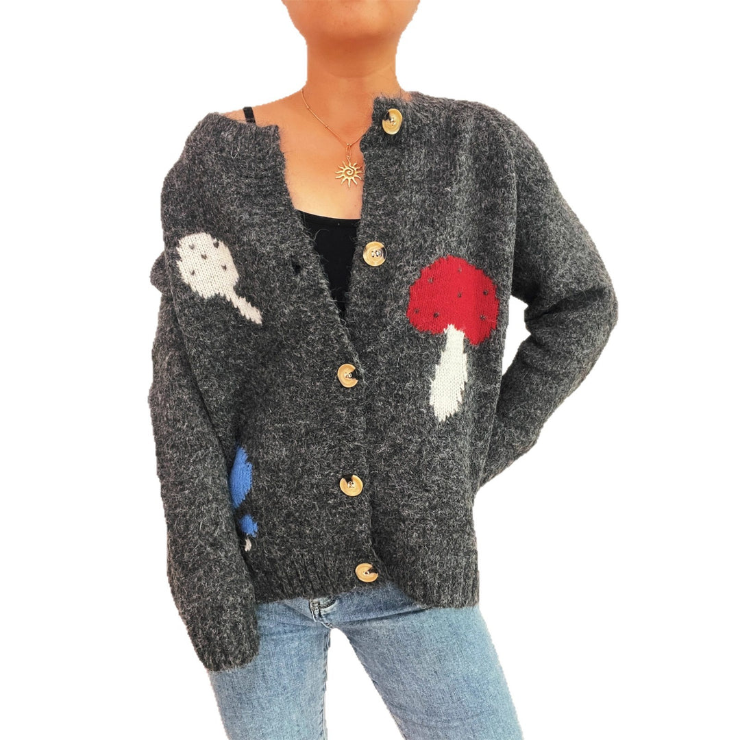 Damen Strickjacke mit buntem Pilzmotiv und Knopfdetails Drune