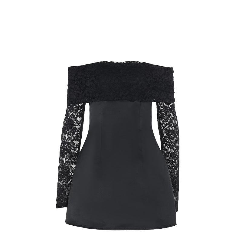 Damen elegantes schulterfreies Minikleid mit Spitzenärmel und schwingendem Rock Drune
