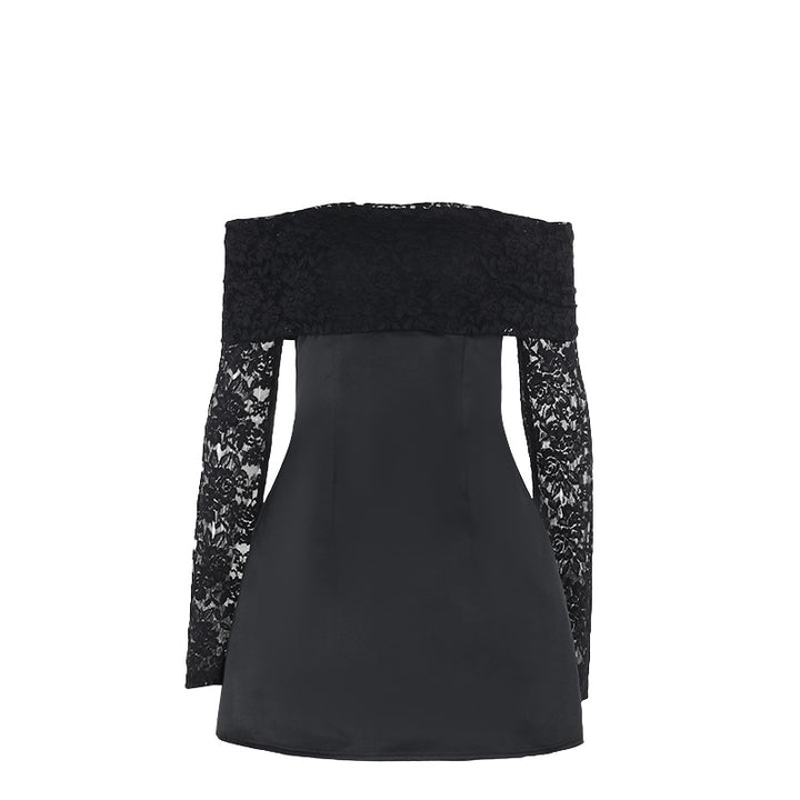 Damen elegantes schulterfreies Minikleid mit Spitzenärmel und schwingendem Rock Drune