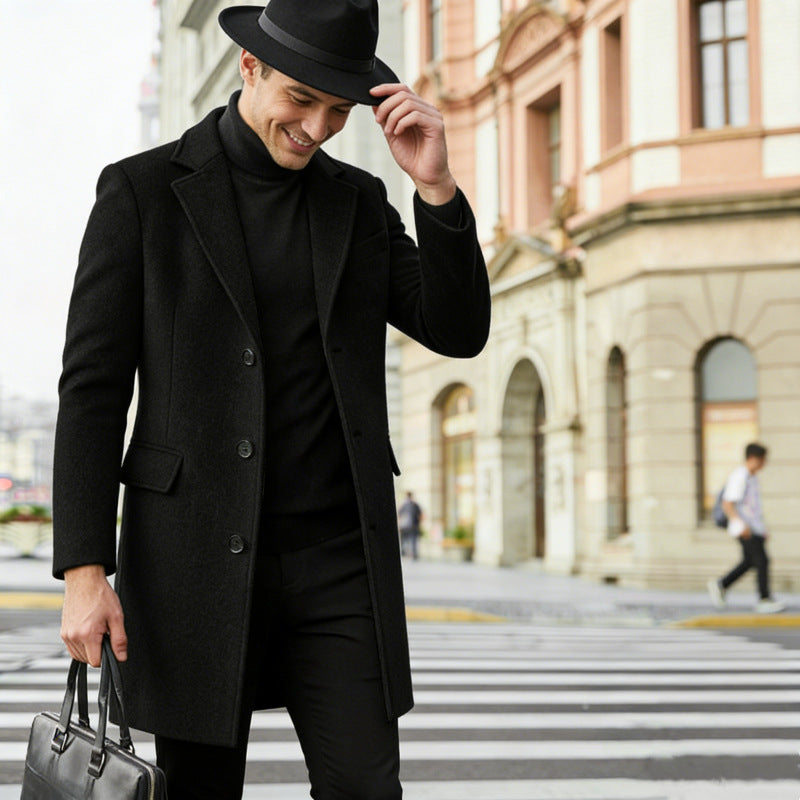 Herren nan eleganter City-Mantel aus Wollmix mit schmaler Silhouette, Reverskragen und Pattentaschen Drune