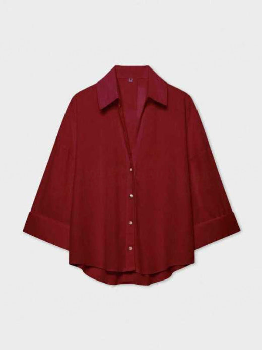 Damen Leichte Oversize Leinenoptik Bluse mit Dreiviertelärmeln und durchgehender Knopfleiste Drune