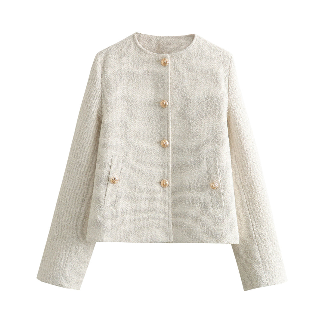 Damen nan elegante Bouclé-Croppedjacke mit Rundhalsausschnitt, goldknopf-Details und aufgesetzten Gürteltaschen Drune