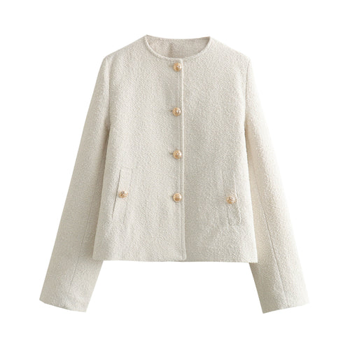 Damen nan elegante Bouclé-Croppedjacke mit Rundhalsausschnitt, goldknopf-Details und aufgesetzten Gürteltaschen Drune