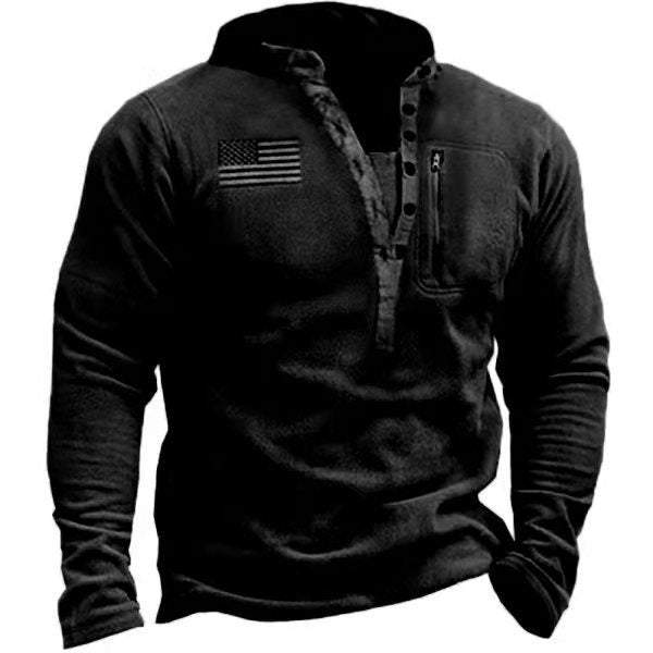 Herren thermischer Henley-Fleecepullover mit Brust-Reißverschlusstasche und Camouflage-Detail Drune