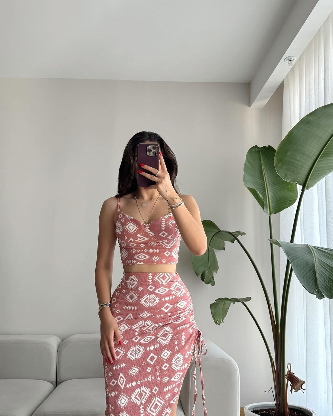 Damen Set aus Crop-Top und Knielangem Rock mit Raffungen Drune
