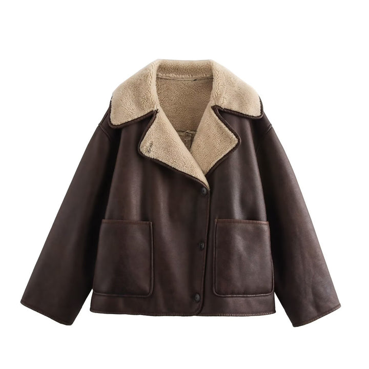 Damen Kurz geschnittener Oversized Lammfellimitat-Mantel mit Teddy-Kragen Drune