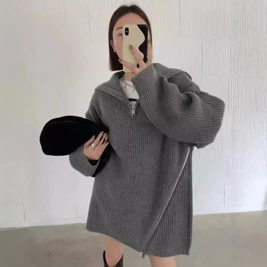 Damen Oversized Strickpullover mit Reißverschluss und seitlichen Schlitzen Drune