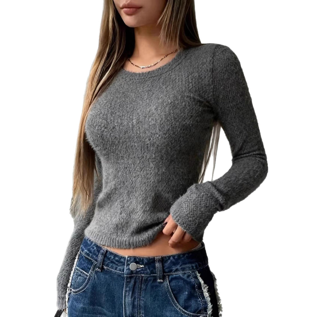 Damen Enganliegendes Flauschiges Feinstrick-Langarmshirt mit Rundhalsausschnitt Drune