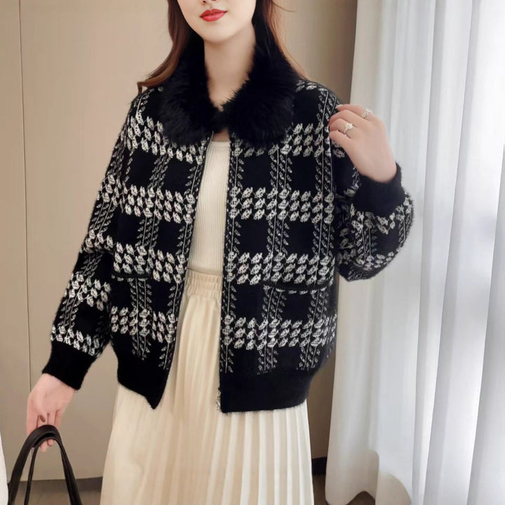 Damen Designer Strickjacke mit luxuriösem Kunstfellkragen Drune