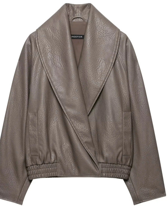 Damen Kurzjacke aus Lederimitat mit weitem Schalkragen und elastischem Saum Drune