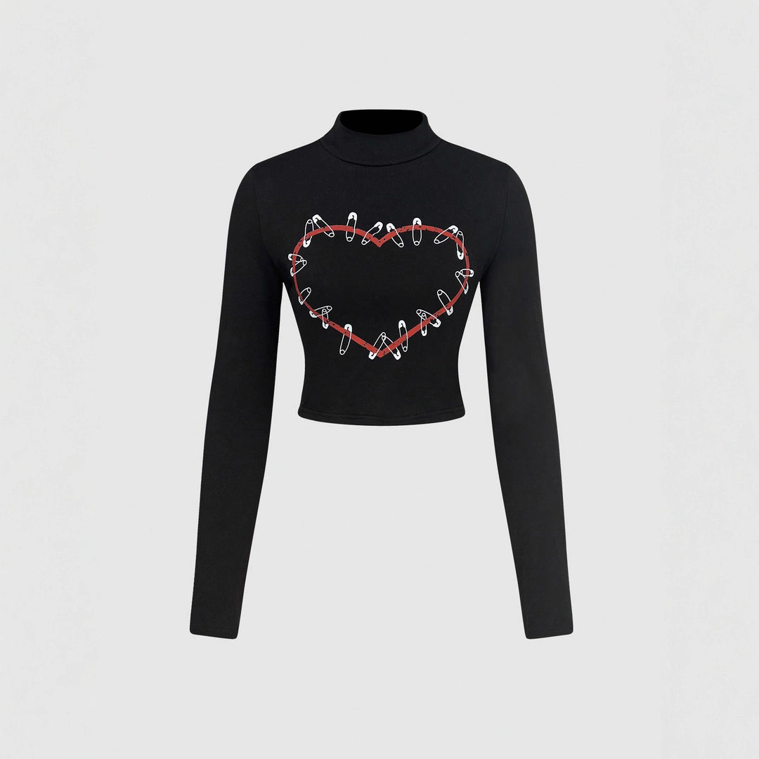 Damen Langarm Crop-Top mit kreativem Herz-Design Drune