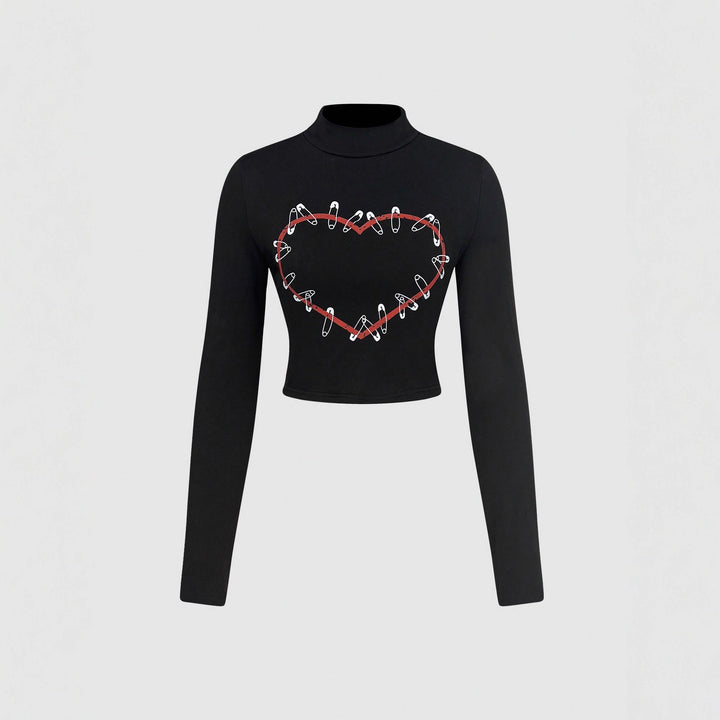Damen Langarm Crop-Top mit kreativem Herz-Design Drune