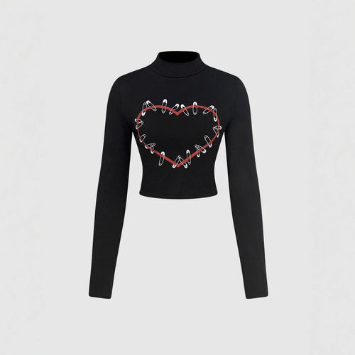 Damen Langarm Crop-Top mit kreativem Herz-Design Drune