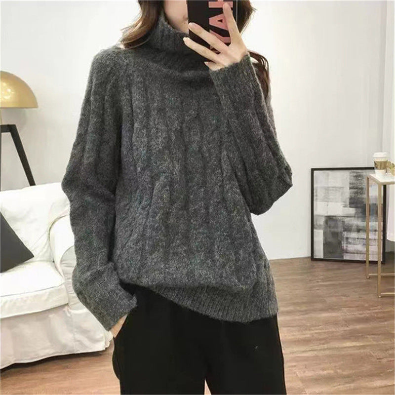Damen Strickpullover mit hohem Kragen und Zopfmuster Drune