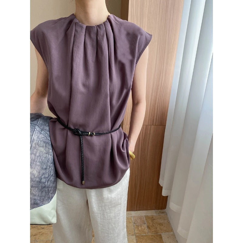 Damen elegantes Oberteil mit dekorativem Kragen und Bindegürtel Drune