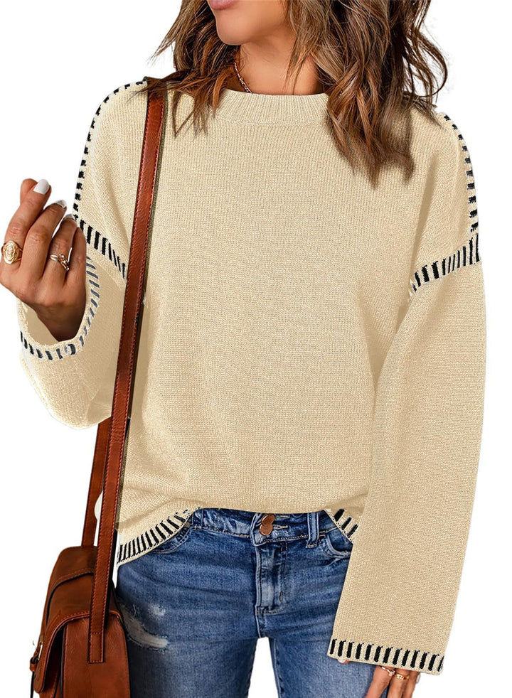 Damen Grobstrickpullover mit modischem Kontrastsaum und weiten Ärmeln Drune