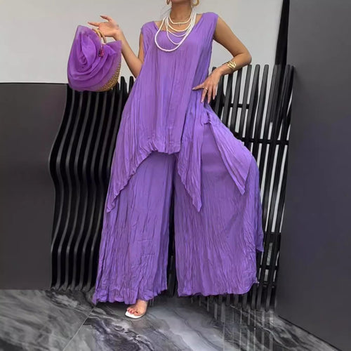 Damen nan luftiger Knitteroptik-Zweiteiler mit ärmelloser Tunika und weiter Palazzo-Hose Drune
