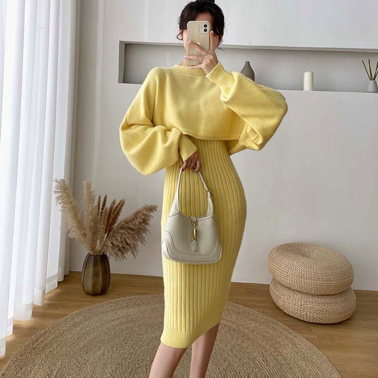 Damen elegante Strickkleid mit Ribstruktur und voluminösen Ärmeln Drune