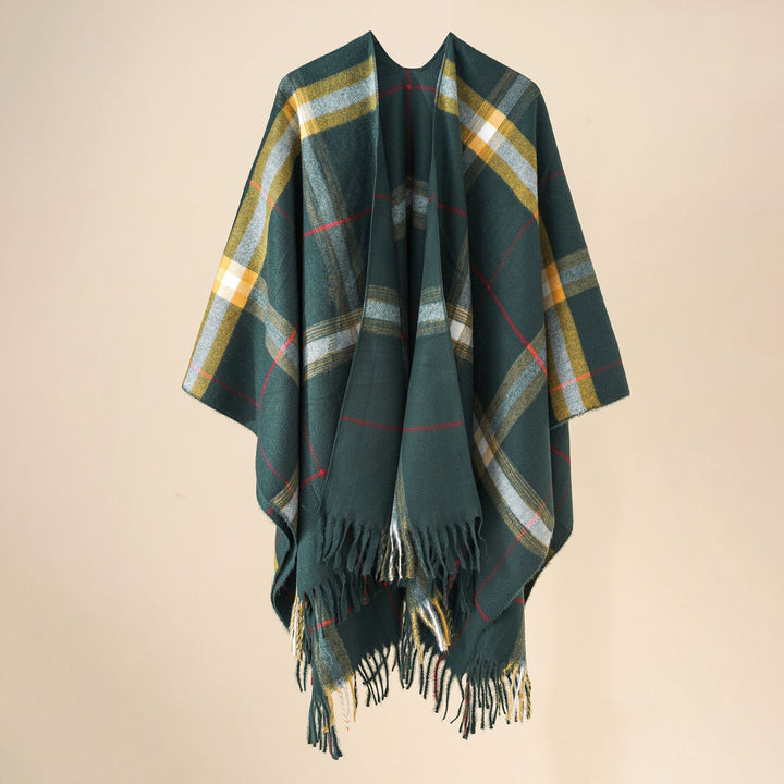 Damen Wollmix-Poncho mit Karomuster und Fransen Drune