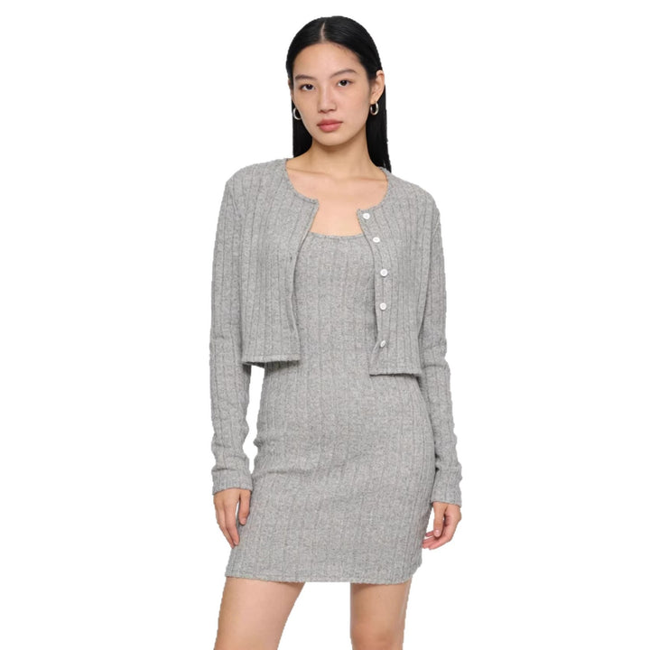 Damen Geripptes Strick-Kleid mit passendem Kurzcardigan Drune