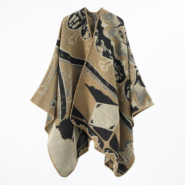Damen Statement-Capeponcho aus jacquardgewebtem Wollmix mit Skull- und Knochenmuster Drune