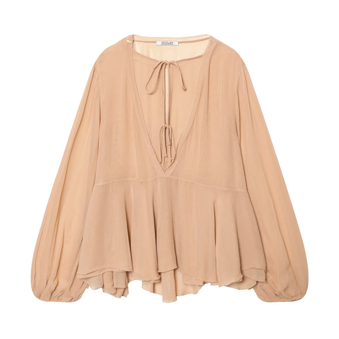 Damen Luftige Chiffon-Bluse mit tiefem V‑Ausschnitt, Bindebändern, Volantstufen und Ballonärmeln Drune