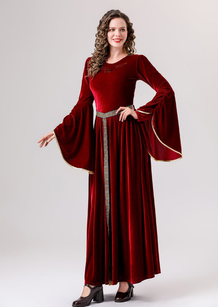 Damen elegantes Samtkleid mit Weitem Ärmel und Ziergürtel Drune