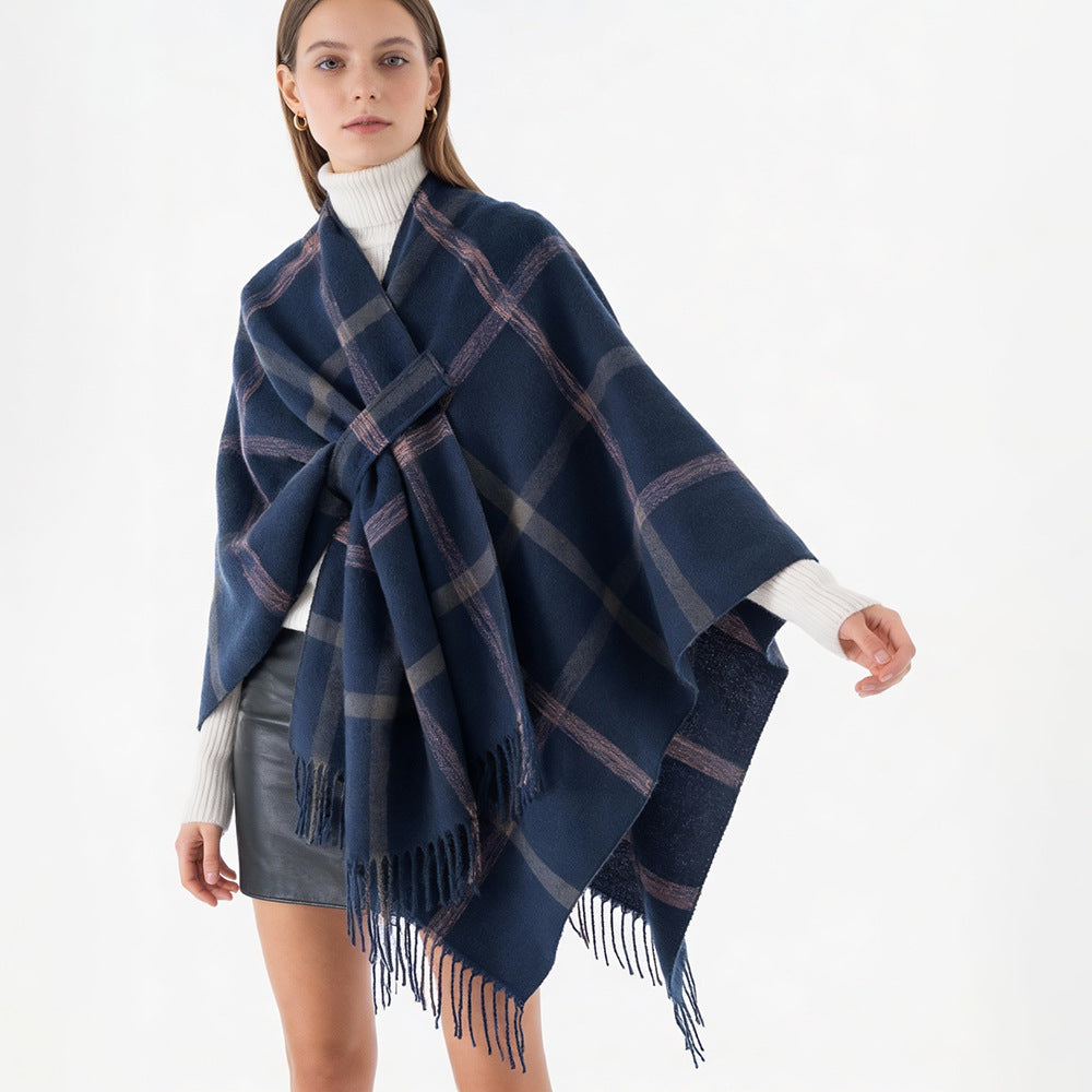 Damen Cape‑Poncho mit integriertem Bindegürtel, kastiger Oversize‑Silhouette und Fransensaum Drune