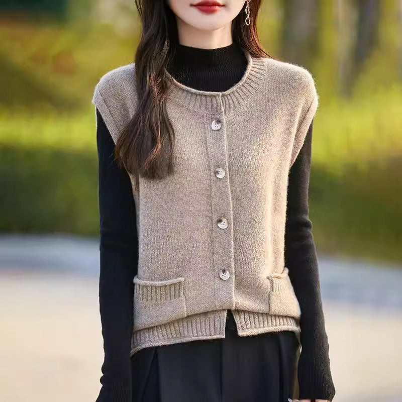 Damen Strickweste mit Taschen und Knopfdetail Drune