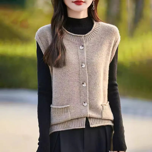 Damen Strickweste mit Taschen und Knopfdetail Drune