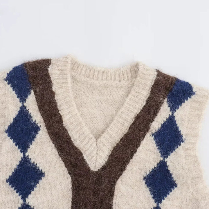 Damen Argyle-Strickweste mit V-Ausschnitt und flauschiger Mohair-Optik Drune