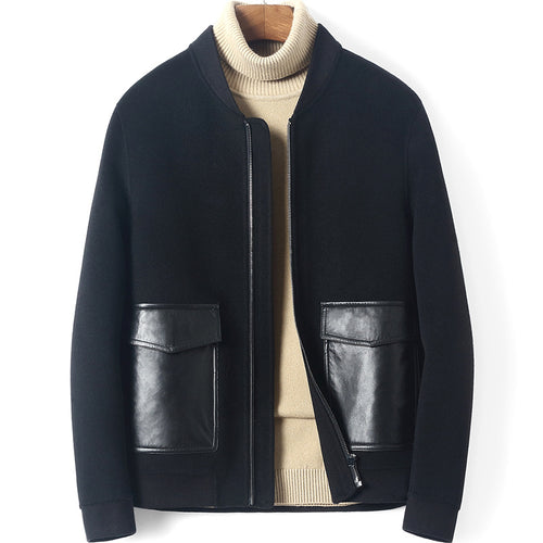 Herren Reißverschluss-Wollmix-Jacke mit Lederkragen und schlanker Silhouette Drune
