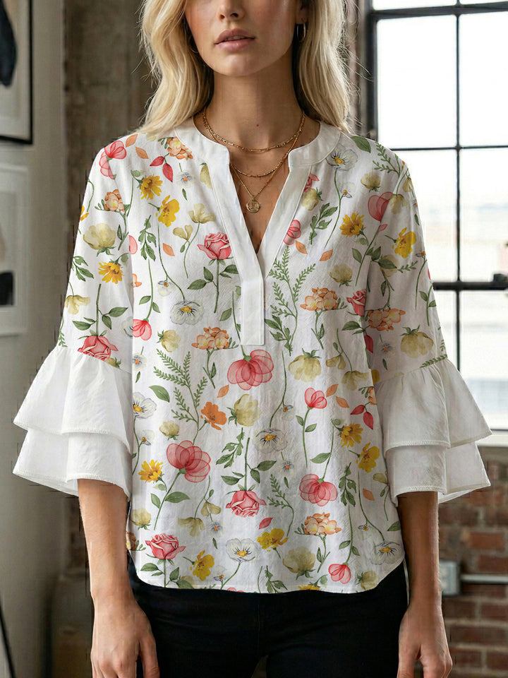 Damen Bluse mit voluminösen Ärmeln und floralem Design Drune