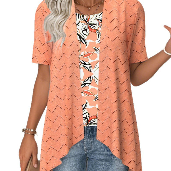 Damen nan Ajourstrick-Cardigan mit asymmetrischem Zipfelsaum und kurzen Ärmeln Drune