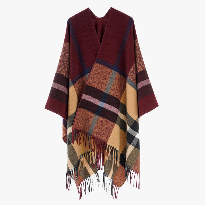 Damen Übergroßer Poncho mit Fransen und Karomuster Drune