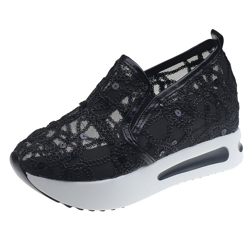 Damen Elegante Keil-Slipper mit transparentem Mesh, Paillettenstickerei und dämpfender Plateau-Sohle Drune