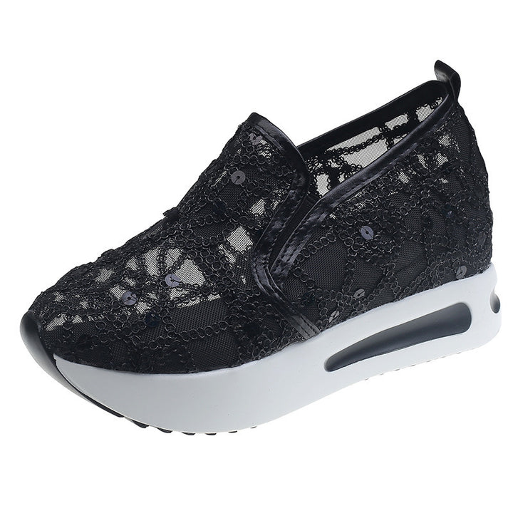 Damen Elegante Keil-Slipper mit transparentem Mesh, Paillettenstickerei und dämpfender Plateau-Sohle Drune