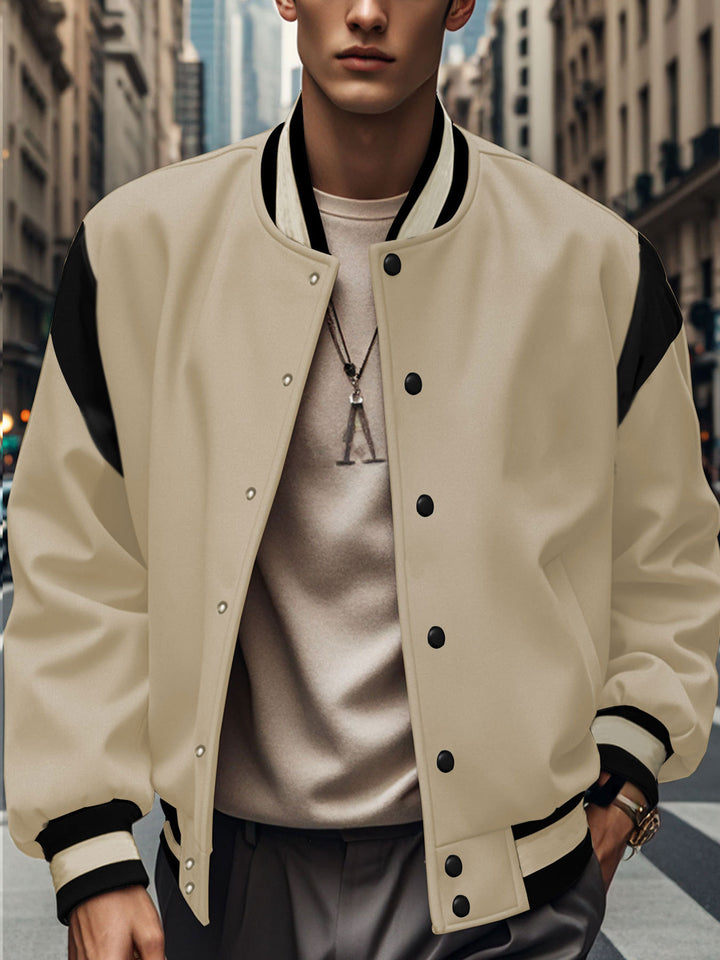 Herren nan leichte Collegejacke im Varsity-Look mit Druckknopfverschluss Rippbündchen und Kontrast-Schulterbesatz Drune