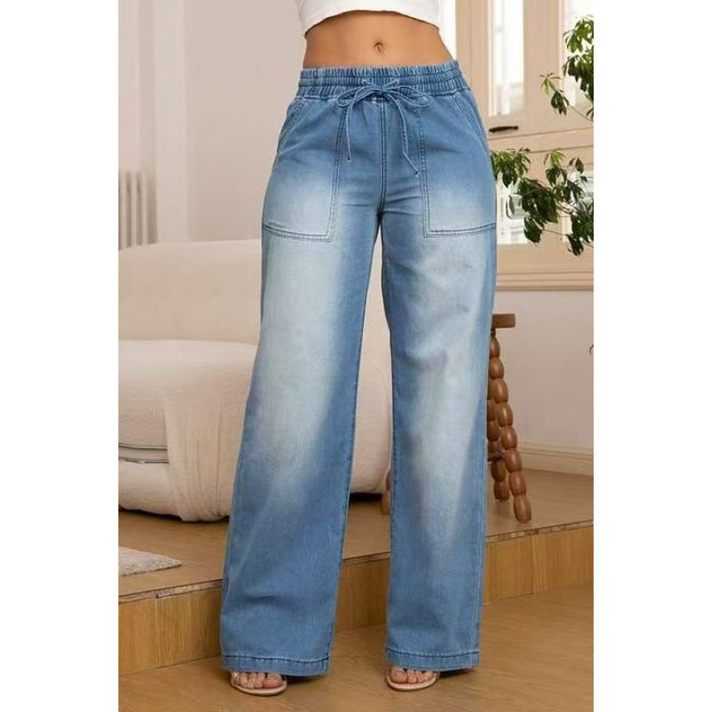 Damen weite Denim-Hose mit elastischem Bund und seitlichen Taschen Drune