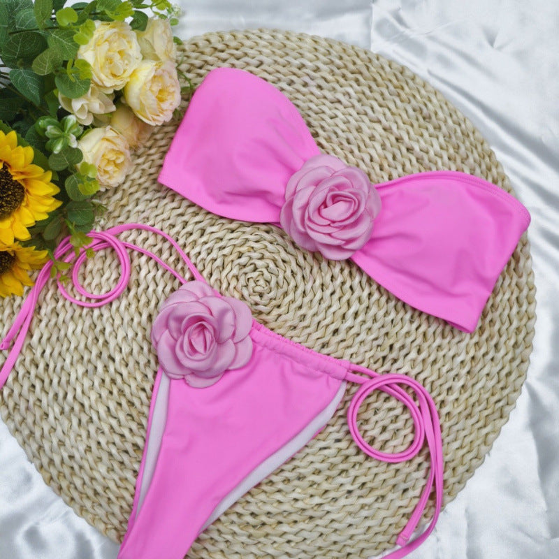 Damen Bandeau-Bikini mit floralem Akzent und verstellbaren Trägern Drune