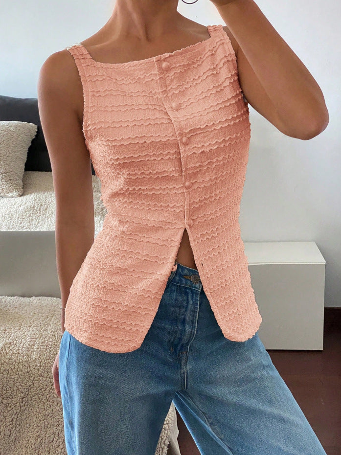 Damen Ärmelloses Struktur-Top mit Zierknopfleiste und Vorder‑Schlitz Drune