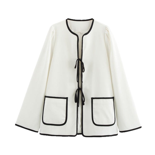 Damen modische Überziehjacke mit eleganten Binde-Details und praktischen Taschen Drune