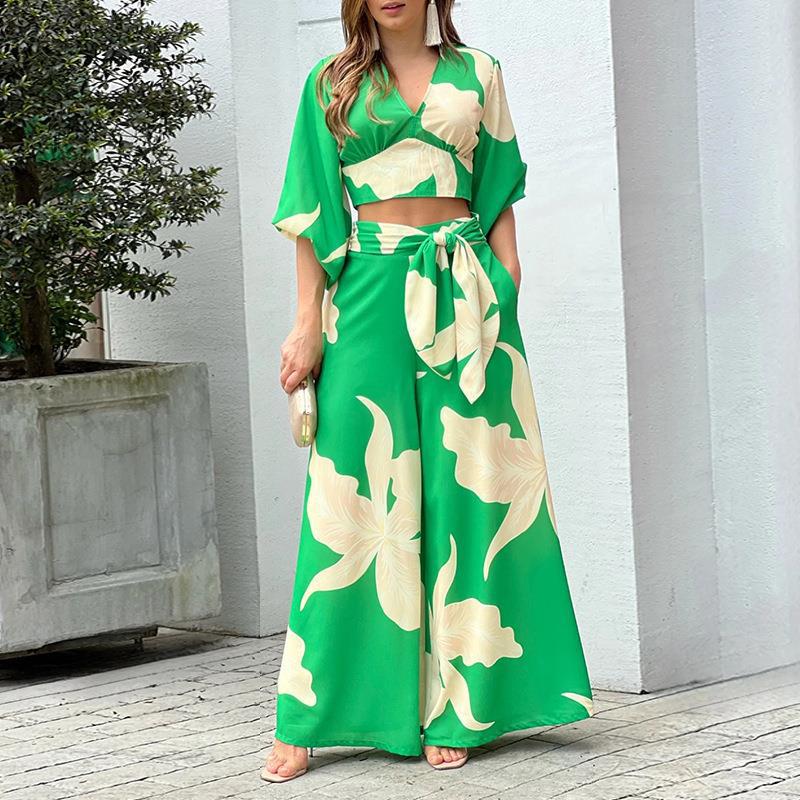 Damen Zwei-Teiler Sommer Set mit Wickel-Crop-Top und Hochtaillierten Palazzo-Hosen EB