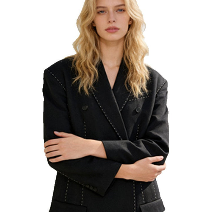Damen Doppelreihiger Oversize-Mantelblazer mit markanter Schulterpartie & Ziersteppungen Drune